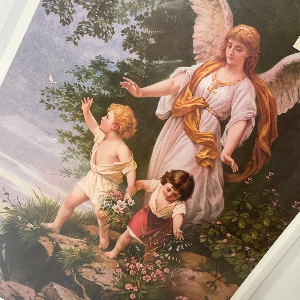 Vintage Picture Guardian Angel Victorian Lithograph Old Print Factory Art USA